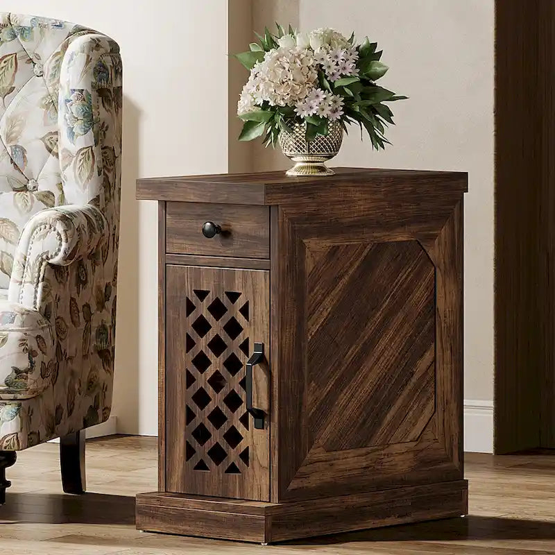 Rustic Brown Wood End Table with Drawer and Lattice Door, 23.6 x 11.8 x 25.6 in