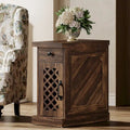 Rustic Brown Wood End Table with Drawer and Lattice Door, 23.6 x 11.8 x 25.6 in