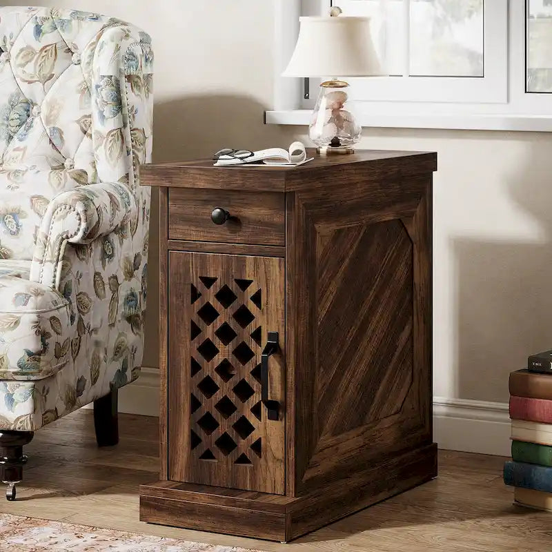 Rustic Brown Wood End Table with Drawer and Lattice Door, 23.6 x 11.8 x 25.6 in