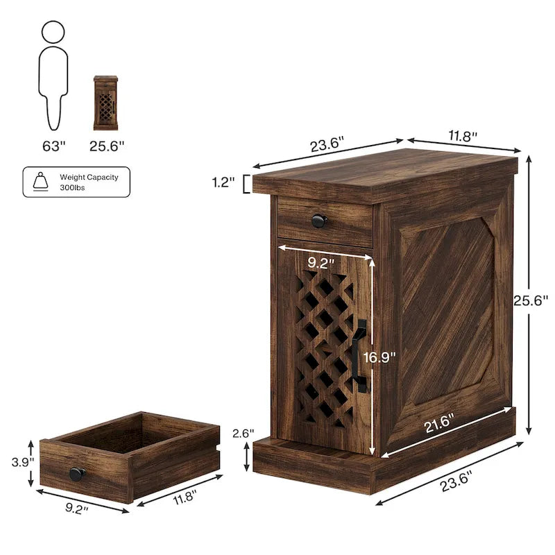 Rustic Brown Wood End Table with Drawer and Lattice Door, 23.6 x 11.8 x 25.6 in
