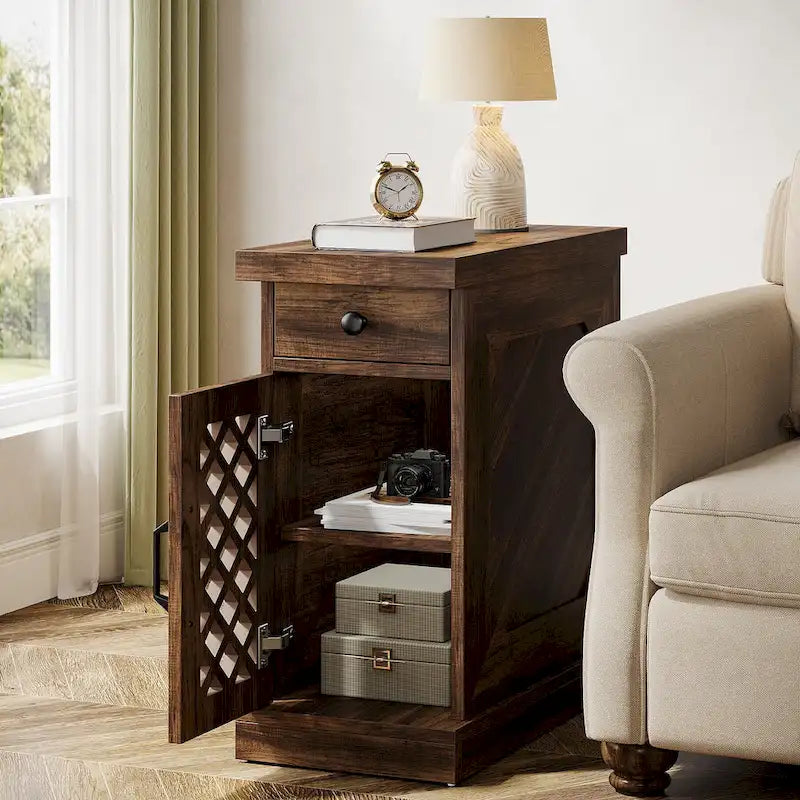 Rustic Brown Wood End Table with Drawer and Lattice Door, 23.6 x 11.8 x 25.6 in