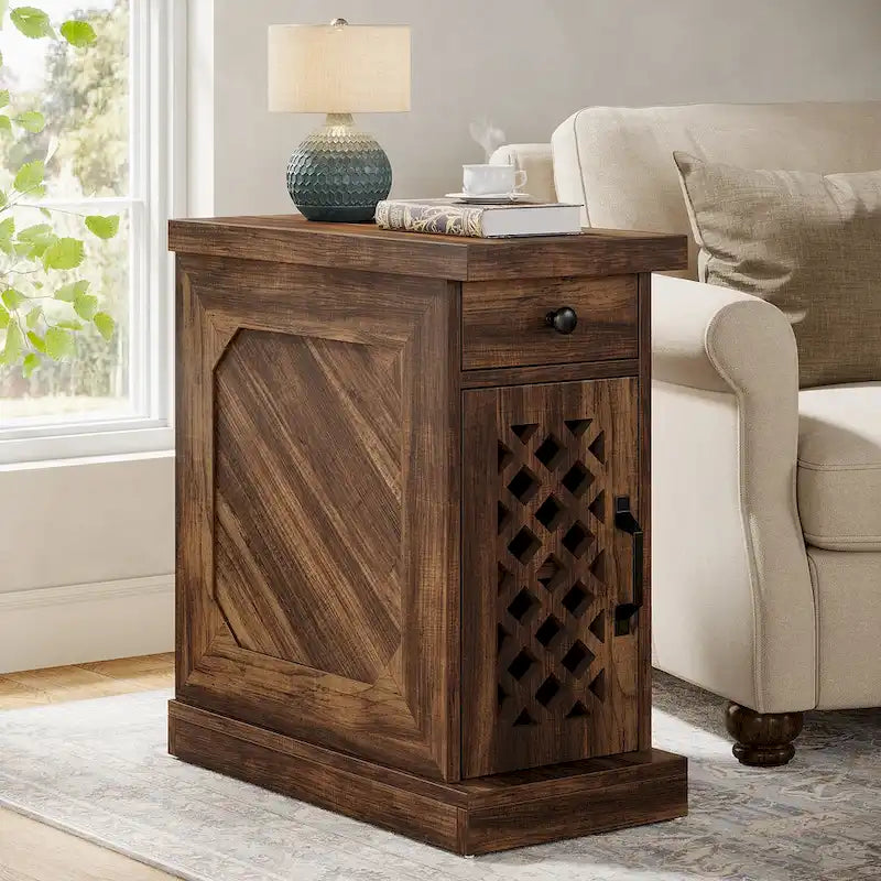 Rustic Brown Wood End Table with Drawer and Lattice Door, 23.6 x 11.8 x 25.6 in