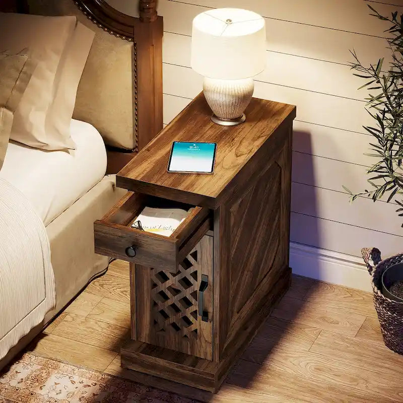 Rustic Brown Wood End Table with Drawer and Lattice Door, 23.6 x 11.8 x 25.6 in
