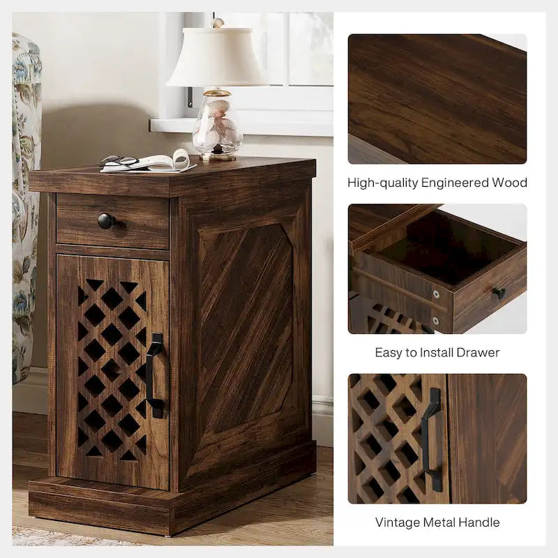 Rustic Brown Wood End Table with Drawer and Lattice Door, 23.6 x 11.8 x 25.6 in
