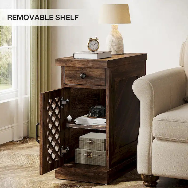 Rustic Brown Wood End Table with Drawer and Lattice Door, 23.6 x 11.8 x 25.6 in