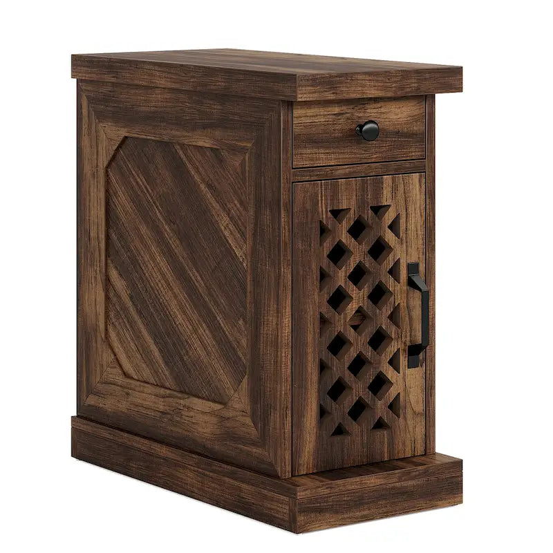 Rustic Brown Wood End Table with Drawer and Lattice Door, 23.6 x 11.8 x 25.6 in