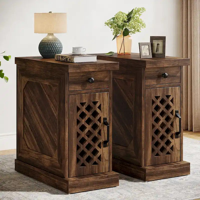 Rustic Brown Wood End Table with Drawer and Lattice Door, 23.6 x 11.8 x 25.6 in