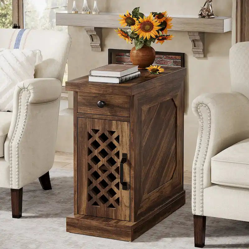 Rustic Brown Wood End Table with Drawer and Lattice Door, 23.6 x 11.8 x 25.6 in