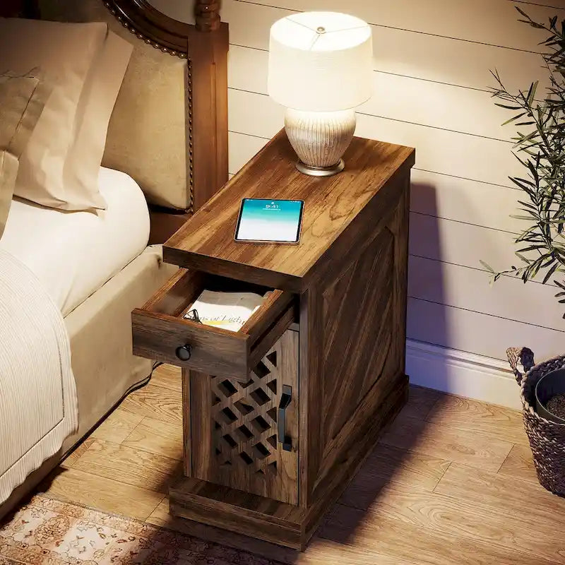 Rustic Brown Wood End Table with Drawer and Lattice Door, 23.6 x 11.8 x 25.6 in